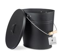 ReWu Secchio per cenere con coperchio, 15 litri, ovale, ignifugo e antiruggine, secchio per carbone per camino, stufa a legna, barbecue, rivestito e con manico, nero