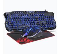 Rewurnth QWERTZ DE - Set tastiera e mouse da gioco, 114 tasti, tastiera retroilluminata a LED, mouse da gioco ergonomico a 4 colori, grande tappetino per mouse, USB per PC PS5 Xbox