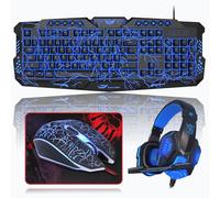 Rewurnth Set di tastiera e mouse da gioco con cuffie, layout UK, tastiera cablata retroilluminata crack, mouse da gioco a LED a 4 colori, cuffie over-ear, tappetino per mouse grande, pacchetto tutto