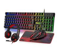 Rewurnth Set tastiera e mouse da gioco con cuffie, QWERTZ DE, tastiera illuminata RGB, mouse da gioco a LED, 4 colori, cuffie over-ear, grande tappetino per mouse, cavo USB per PC Mac PS5 Xbox