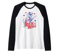Rex And Roll T-Rex Dinosauro Che Suona la Chitarra, Grafica Rossa e Blu Maglia con Maniche Raglan
