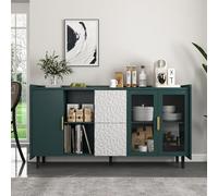 REXO Armadietto da cucina moderno da 55 pollici con 2 cassetti, 2 ripiani aperti e 2 ante in vetro, tavolo da buffet in legno (verde)