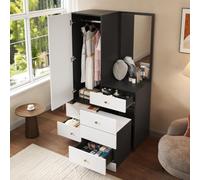 REXO Armadietto da trucco e guardaroba, sgabello estensibile, specchio per tutto il corpo, cassetti divisi, armadietto portaoggetti, MDF, maniglie rotonde in ferro, nero, bianco