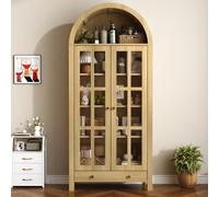 REXO Armadio alto ad arco moderno con ampio spazio portaoggetti, ripiani regolabili in altezza e cassetto, vetrina multifunzione per soggiorno, studio e sala da pranzo, naturale