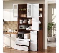 REXO Armadio alto con ripiani regolabili e cassetti, credenza con ripiani estraibili, vetro scanalato, ideale per sala da pranzo, soggiorno, cucina, bianco noce