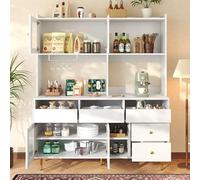 REXO Armadio alto per sala da pranzo (145 x 39 x 171 cm) con ante in vetro forato, spazio per bicchieri da vino, elegante nero con decorazione dorata, adatto per l'uso in sala da pranzo.