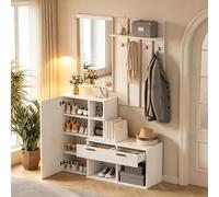 REXO Armadio compatto con scarpiera, specchio e appendiabiti, 2 cassetti, per ingresso, bianco, 120 x 35 x 175,5 cm