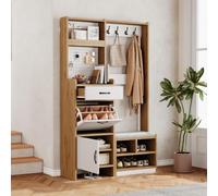 REXO Armadio con scarpiera, panca, appendiabiti, cassetto, scomparto pieghevole, porta armadio, spazio aperto, colore rovere/bianco, 108,5 x 35 x 180 cm