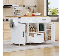 REXO Carrello da cucina in stile nordico moderno con ruote universali a 360°, cassetti e barra portasciugamani, vassoio pieghevole, chiusura a molla silenziosa, scaffale flessibile, bianco