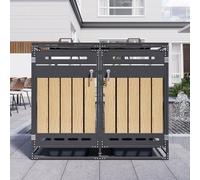 REXO Contenitore per bidoni della spazzatura con coperchio idraulico, effetto legno verticale, ventilazione a fori lunghi, robusto armadio da giardino in metallo con serratura