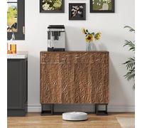 REXO Credenza 80 × 40 × 78 cm - Serie Foglia Poesia - Effetto noce scuro con rilievo - gambe in metallo, 2 cassetti e 2 ante - Credenza senza maniglie per soggiorno e sala da pranzo
