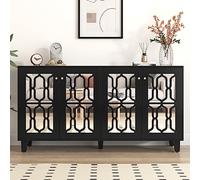 REXO Credenza a specchio con manici in cristallo fresco, con laminato mobile, per soggiorno e sala da pranzo, quattro porte (nero, 160 x 40 x 84 cm)