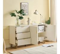 REXO Credenza moderna con due ante e tre cassetti, MDF, lega di alluminio dorata, gambe in acciaio robusto, bianco