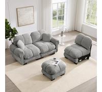 REXO Divano a forma di L a forma di nuvola, con pouf mobile e 2 piccoli cuscini decorativi, design trapuntato fine, cuscini morbidi spessi, di supporto, facile da montare, ideale per soggiorno, grigio