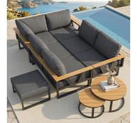 REXO Gruppo di seduta modulare per esterni, grigio/beige, con cuscini spessi 9 cm, piedini regolabili e 2 tavoli in legno, robusta base in metallo per terrazza e balcone