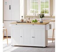 REXO Isola cucina 137 x 89,5 x 45 cm, con piano di lavoro pieghevole, su 6 ruote bloccabili, con ripiano, scaffalatura, 2 grandi cassetti e armadietto, colore: bianco