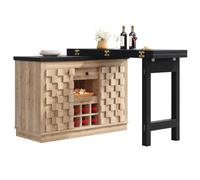 REXO Isola da cucina girevole a 360°, armadietto laterale, 120-197 cm, ante patchwork, scaffale per vino estraibile, cassetti, rovere chiaro, nero, legno