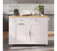 REXO Isola della cucina con ruote e scomparto per riporre i rifiuti, tavolo da pranzo allungabile, portasciugamani, carrello da portata mobile con ciabatte, ideale per cucina e sala da pranzo (bianco)