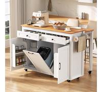 REXO Isola della cucina su ruote, 90 x 60, zona pranzo allungabile con piano di lavoro e scomparto per riporre i rifiuti, isola da cucina mobile autoportante con prese, ideale per cucina e sala da