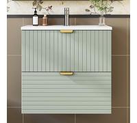 REXO Lavabo sospeso a parete, lavabo integrato, MDF completamente laccato, verde menta, due cassetti silenziosi, frontali dei cassetti strutturati orizzontalmente e verticalmente, 61 x 46 x 57 cm