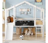 REXO Lettino a soppalco 90 x 200 cm, design sottotetto con scala di sicurezza e scivolo di sicurezza, con lavagna graffiti, letto singolo, bianco