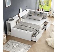 REXO Lettino per bambini, 90 x 200 cm, letto singolo, multifunzione, con cassetti, libreria e armadietto, contenitore con spazio di archiviazione, senza materasso, bianco