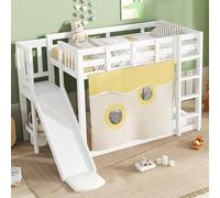 REXO Letto a castello 90 x 200 cm, letto in legno con scale e recinzioni, con tenda, scivolo, culla con protezione anticaduta e griglia, MDF + pino, bianco.