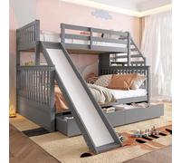 REXO Letto a castello 90x200 sopra 140x200 con cassetti, vano portaoggetti e scivolo, multifunzione, grigio