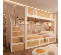 REXO Letto a castello per bambini, 90 x 200 cm, con armadio a scale e vano portaoggetti, letto a castello doppio con ringhiera di sicurezza e rete a doghe, salvaspazio per due bambini, senza materasso