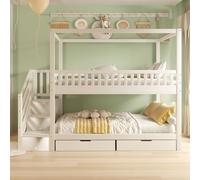 REXO Letto a castello per bambini, 90 x 200 cm, letto matrimoniale in legno massiccio, a forma di casa, design a griglia di sicurezza, con ripiani e scala di sicurezza, design bianco e originale