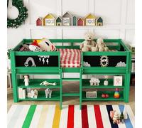 REXO Letto a mezza altezza, 90 x 200 cm, ripiani multipli per la conservazione, ringhiera, scala, legno di pino, senza materasso, stile minimalista (verde)