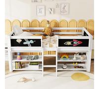 REXO Letto a mezza altezza, 90 x 200 cm, ripiani multipli per la conservazione, ringhiera, scala, legno di pino, senza materasso, stile minimalista (bianco)