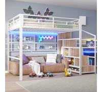 REXO Letto a soppalco, 140 x 200 cm, telaio in ferro, armadio, scala per riporre oggetti, spazio libero sotto il letto, luci LED a 7 colori, senza materasso (bianco)