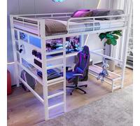 REXO Letto a soppalco, 140 x 200 cm, telaio in ferro, scrivania, ringhiera, scaletta, più ripiani, con presa USB + Type-c, con striscia LED, con bordo forato, senza materasso, bianco