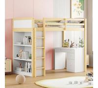 REXO Letto a soppalco 90x200 cm con armadi e tavolo per computer, letto a soppalco multifunzionale per bambini in legno colore legno