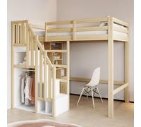 REXO Letto a soppalco con telaio in legno massiccio, 90 x 200 cm, tavolo da lavoro con ripiani e armadi, scala di sicurezza con spazio di archiviazione, letto singolo, letto per bambini, colore legno