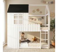 REXO Letto a soppalco per bambini, 90 x 200 cm, finestre squisite, bellissime forme di casa, scala a tre gradini, recinto su tutti i lati, pino + MDF, bianco + nero