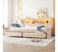 REXO Letto giornaliero, 90 x 200 cm, divano letto, comodino, letto con 2 prese USB e 2 prese di ricarica, illuminazione ambientale, con due cassetti, con rete a doghe (senza materasso), truciolato