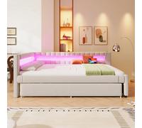 REXO Letto giornaliero, divano letto, 140 x 200 cm, letto con barra luminosa a LED all'estremità del letto, letto con letto estraibile senza materasso, USB + Type-C, lino, beige