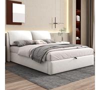 REXO Letto imbottito 140 x 190 cm, cassetta letto idraulica, 3 cassetti, cassetta portaoggetti, rete a doghe con testiera, senza materasso, velluto, beige