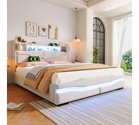 REXO Letto imbottito, 160 x 200 cm, con presa USB C, funzione di ricarica, barra luminosa telecomandata sotto il letto, testiera con vano portaoggetti, letto idraulico, con luce LED, beige