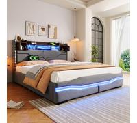 REXO Letto imbottito, 160 x 200 cm, con presa USB C, funzione di ricarica, barra luminosa telecomandata sotto il letto, testiera con vano portaoggetti, letto idraulico, con luce LED, grigio