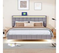 REXO Letto imbottito 160 x 200 cm, telaio imbottito con testiera e luci a LED, letto matrimoniale in lino delicato sulla pelle (grigio)