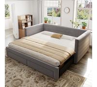 REXO Letto imbottito 3 in 1 Divano letto allungabile 90 x 190 cm, con cassetti, trasformabile in letto singolo/matrimoniale con rete a doghe, cotone e lino, grigio (materasso non incluso).