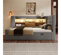 REXO Letto imbottito 90 x 200 cm con letto estraibile 90 x 190 cm, illuminazione a LED, testata a forma di L con spazio di archiviazione, montaggio su entrambi i lati, rete a doghe, lino, grigio