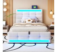 REXO Letto imbottito 90 x 200 cm, con USB e striscia luminosa a LED che cambia colore, letto singolo in lino, beige