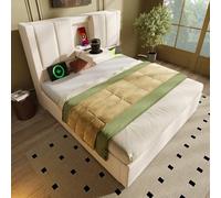 REXO Letto imbottito 90 x 200 cm, letto singolo con stazione di ricarica e portabicchieri nascosto, letto idraulico con vano sotto il letto, rete a doghe, lino beige (con materasso)