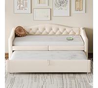 REXO Letto imbottito, divano letto allungabile, 90 x 200 cm, con porta USB, forma classica con bottoni con rete a doghe, letto multifunzione, letto per gli ospiti, tessuto di lino (materasso non