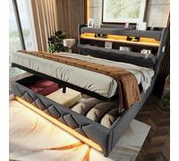 REXO Letto imbottito singolo, 180 x 200 cm, capienza testiera con porta USB e tipo C, funzione LED 360 surround intorno alla testa e ai piedi, letti con spazio idraulico, lino (grigio)