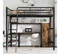 REXO Letto in ferro, 90 x 200 cm, adatto per bambini e persone in crescita, con tavolo e armadio, ampio vano portaoggetti, con scala a 4 livelli, ferro e truciolato, nero